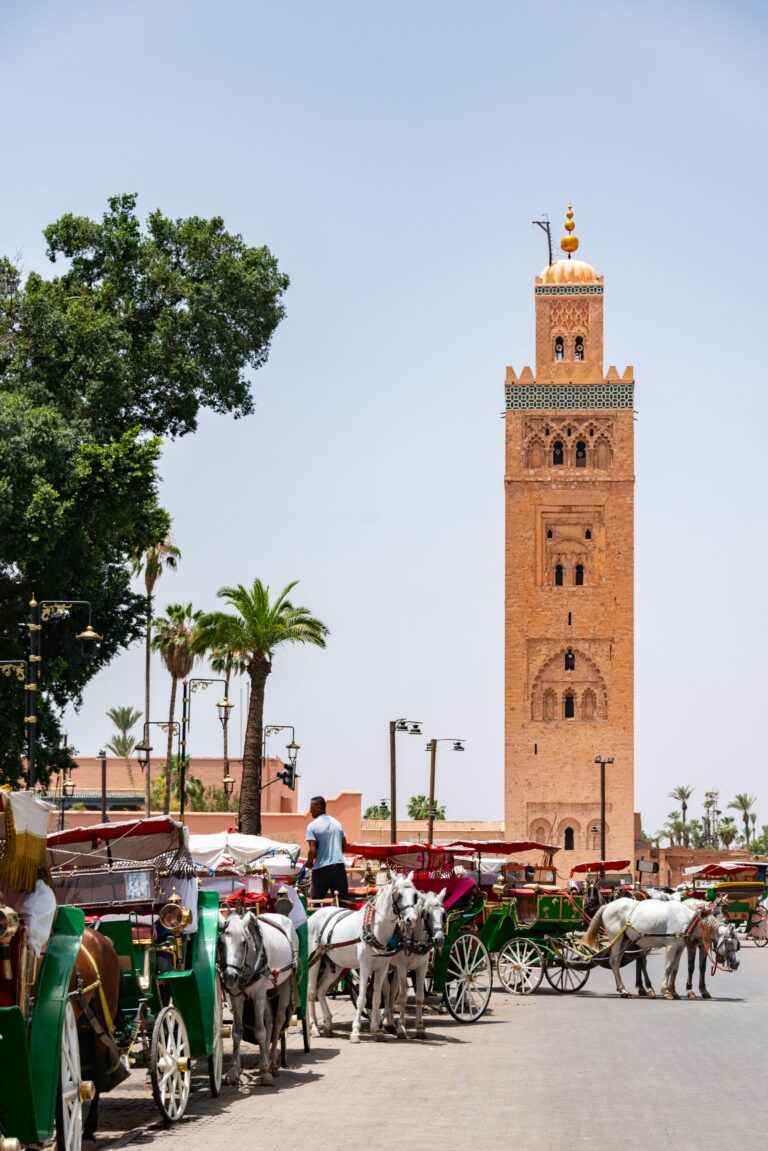 Plaza Jemaa el-Fna iluminada al . Jardín Majorelle Marrakech atardecer, con puestos de comida y gente local y turistas caminando.