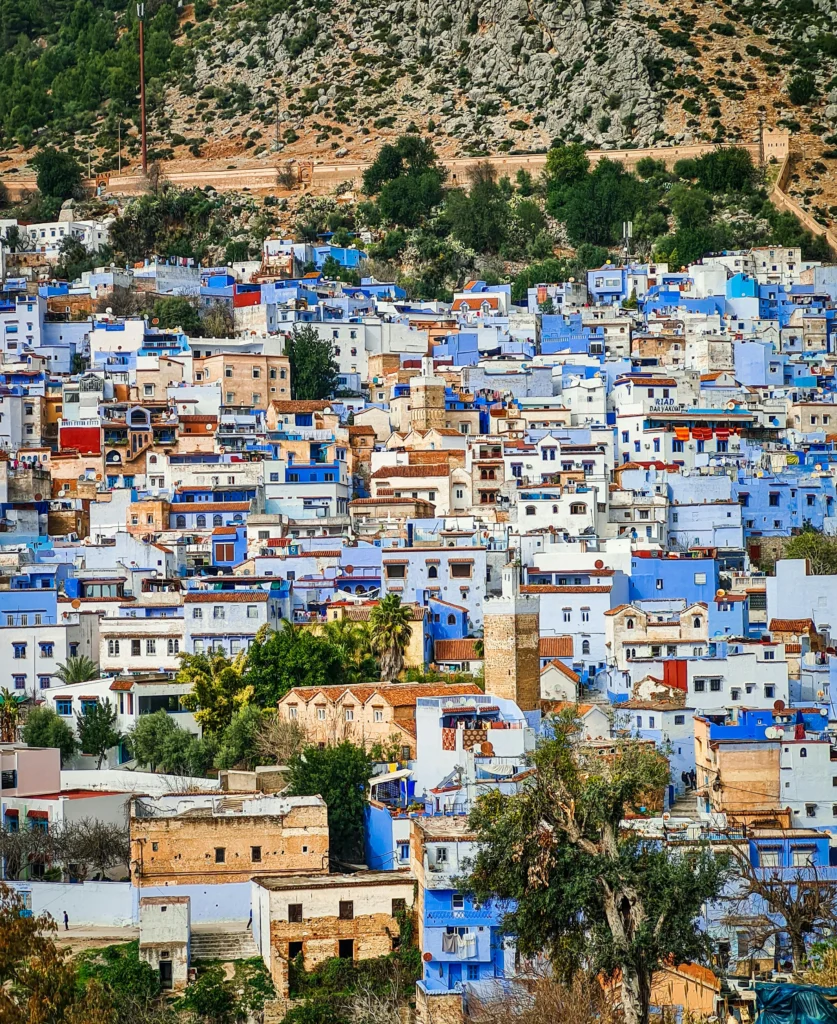 Calle empedrada de Chaouen con casas pintadas de azul y flores.