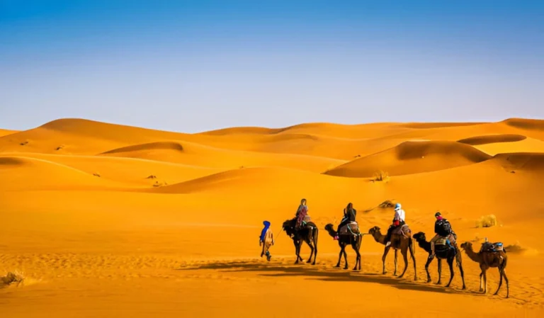 Paseo en camello por el desierto de Marruecos al atardecer