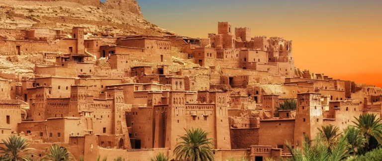 Dromedarios caminando por las dunas del Sahara al atardecer en Marruecos