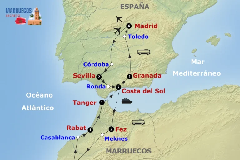 Itinerario de viaje por Marruecos y España en 7 días, mostrando monumentos emblemáticos y paisajes culturales.
