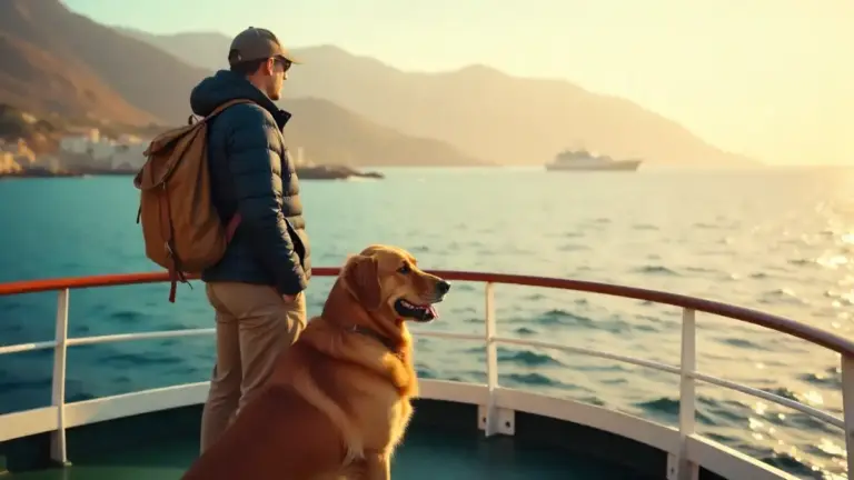 viajero con su perro cruzando el estrecho hacia Marruecos