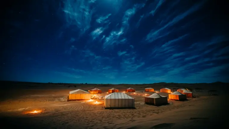 Dunas doradas del desierto de Merzouga al atardecer con camellos