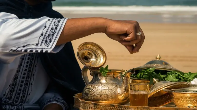 Té de menta tradicional servido en un riad marroquí con decoración artesanal.