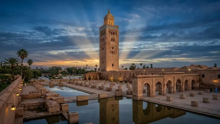 Marrakech qué ver en 3 días: viajero contemplando la plaza Jemaa el-Fna al atardecer desde una terraza.